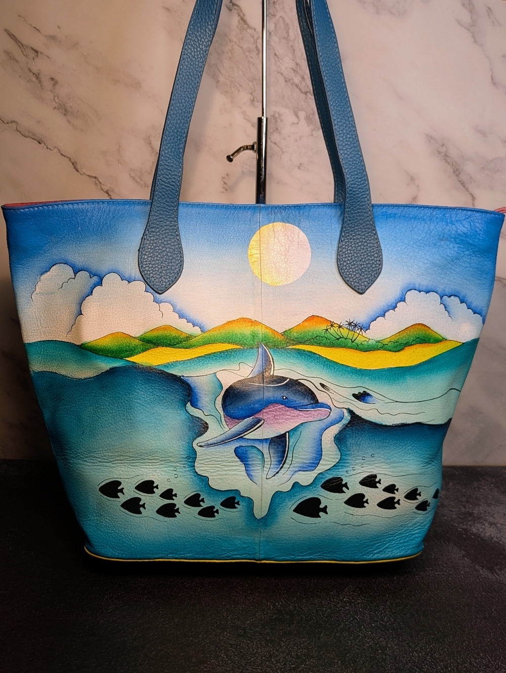 Sukriti Hand-Painted Leather Dolphin Tote Bag-17" x 12" - Picture 2 of 8